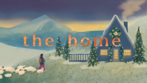 Illustration of a snow-covered cabin with Christmas lights and a shepherd walking with sheep, promoting 'The Home' Advent series by Platt Park Church in Denver.