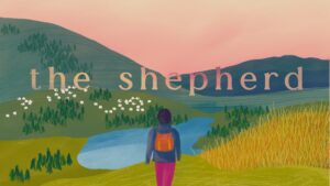 Artistic illustration of a person overlooking a tranquil landscape symbolizing 'The Shepherd's Path'.
